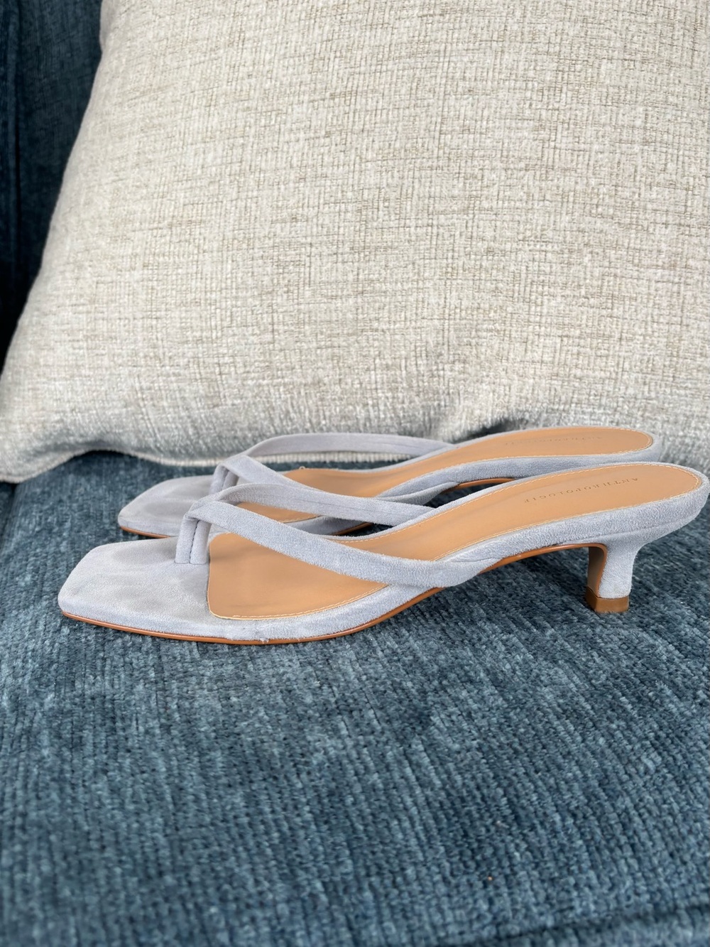 Anthropologie Women's Light Blue Suede Kitten Heel Thong Sandals